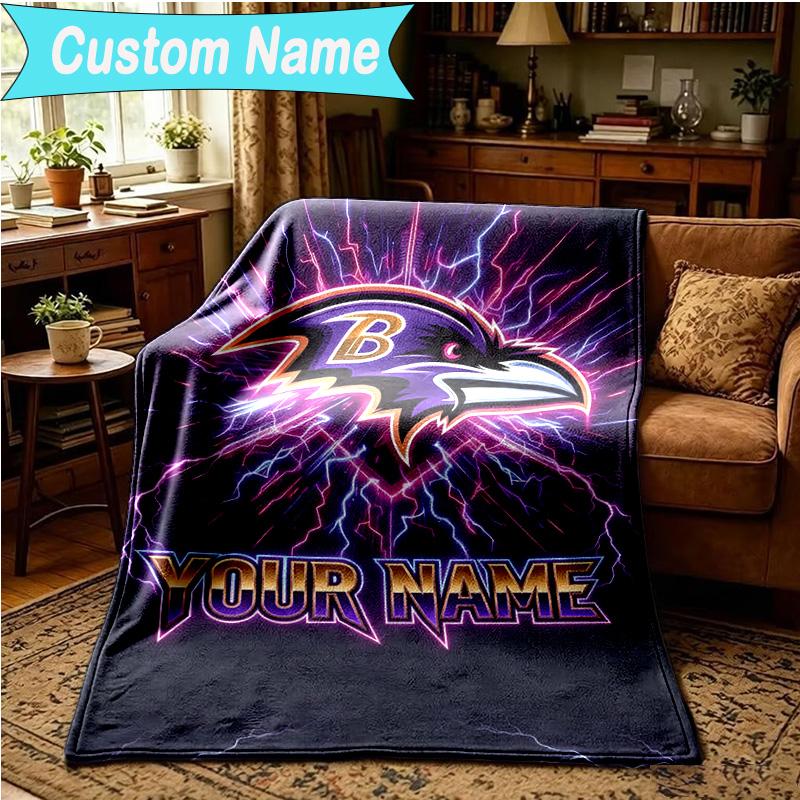 1PC Custom Name Blanket Ravens Team Spirit Flannel Blankets Patterns Throw Blanket All-Season Soft Gift for Couch, Bed, Camping, Birthday Gifts