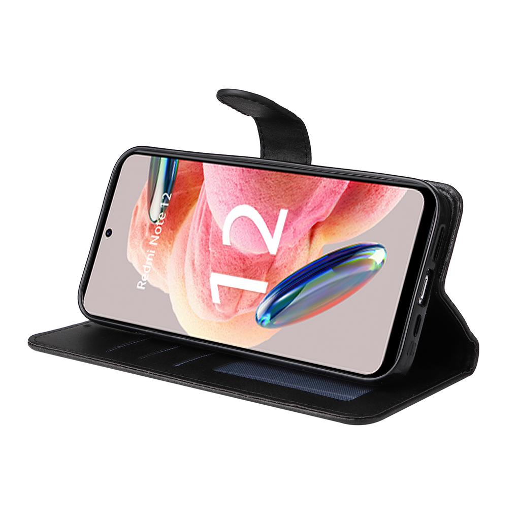 For Xiaomi Redmi Note 12 4G Calf Texture Leather Phone Case Stand Wallet Phone Cover with Strap