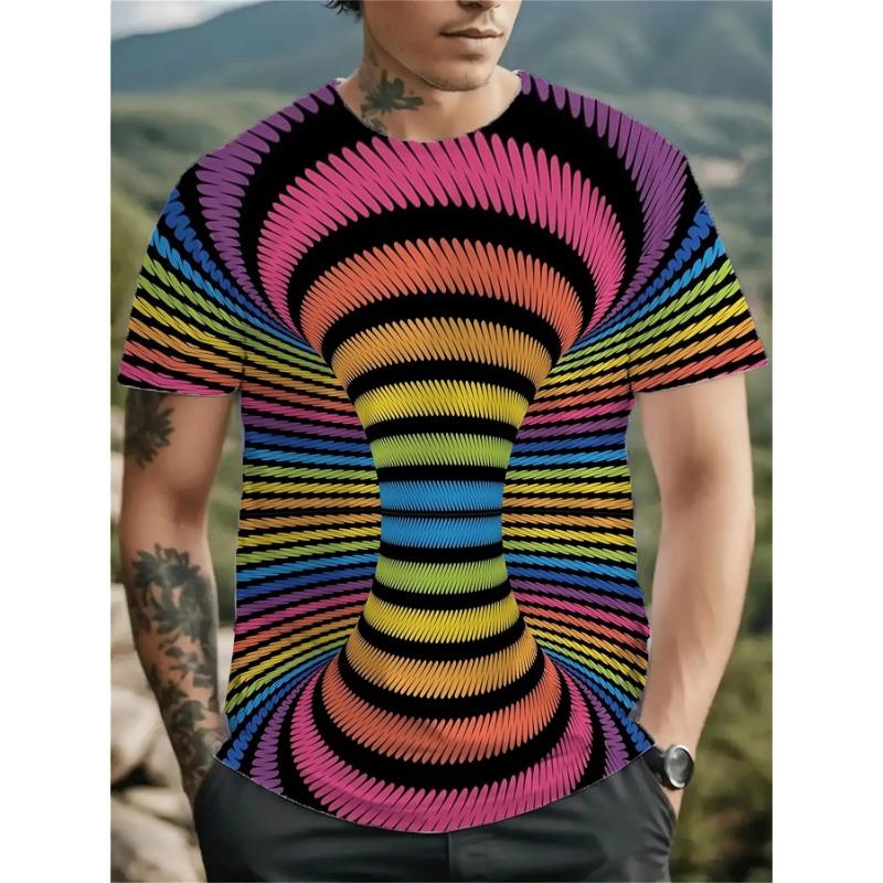 Men's Rainbow Optical Illusion 3D Printed T-Shirt Casual Short Sleeve Crewneck Top Cool Vortex Swirl Geometry Graphic Tee Summer Streetwear Clothes