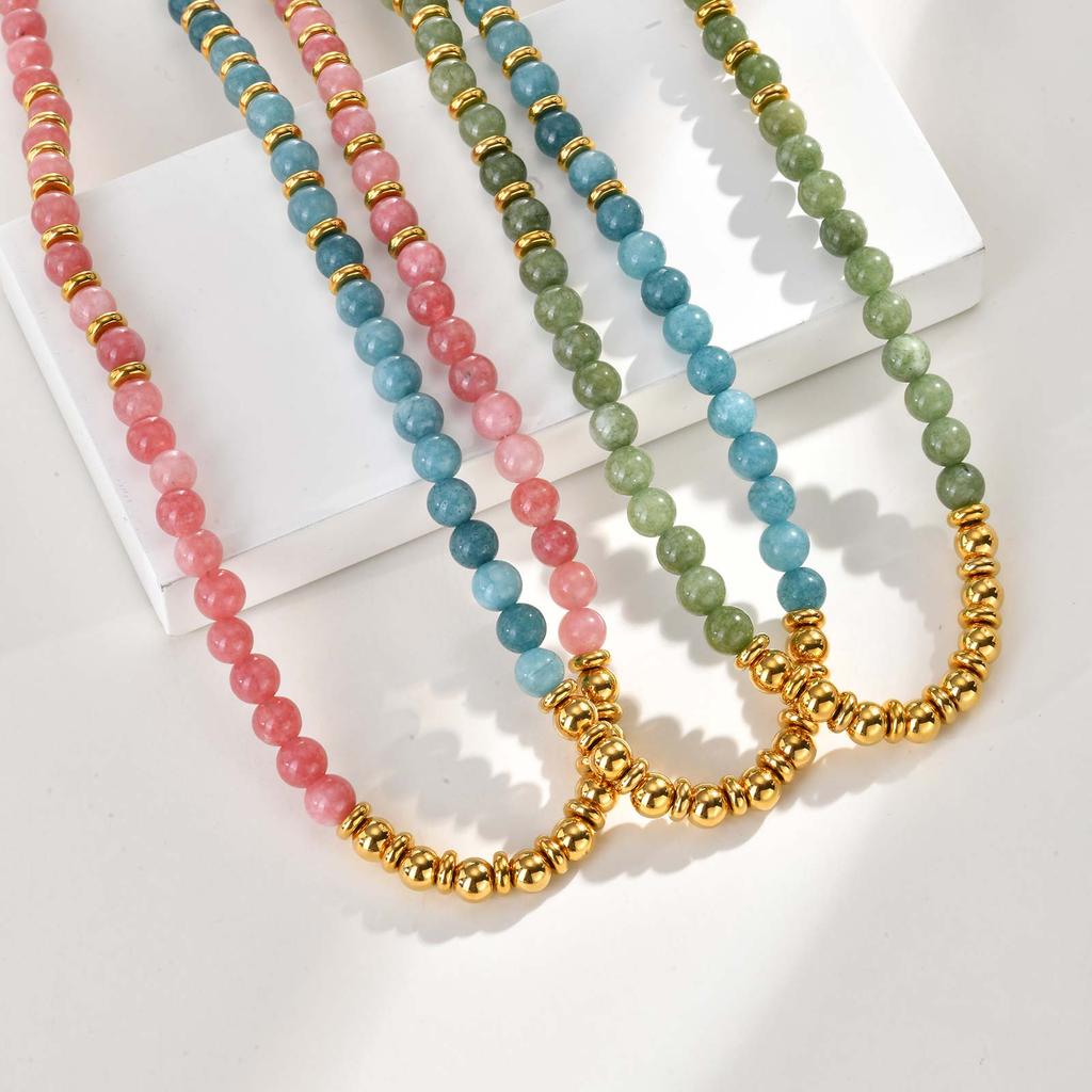 Trendy Colorful Natural Stone Necklace for Women, Stainless Steel Beads Chain Charm Necklace, Waterproof Bohemia Jewelry Gift