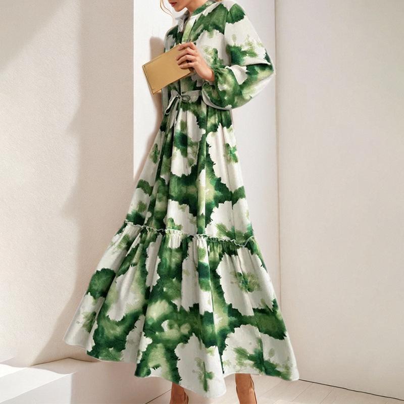 Long Sleeve Maxi Dresses for Women V Neck Smocked Boho Floral Tiered Swing Flowy Wedding Guest Dress Women's Chiffon Flowy Beach Party Long Dresses