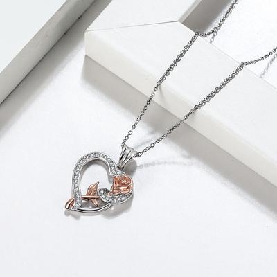Jewelry S925 Sterling Silver Necklace Zircon Hollow Pendant Rose Heart Shape