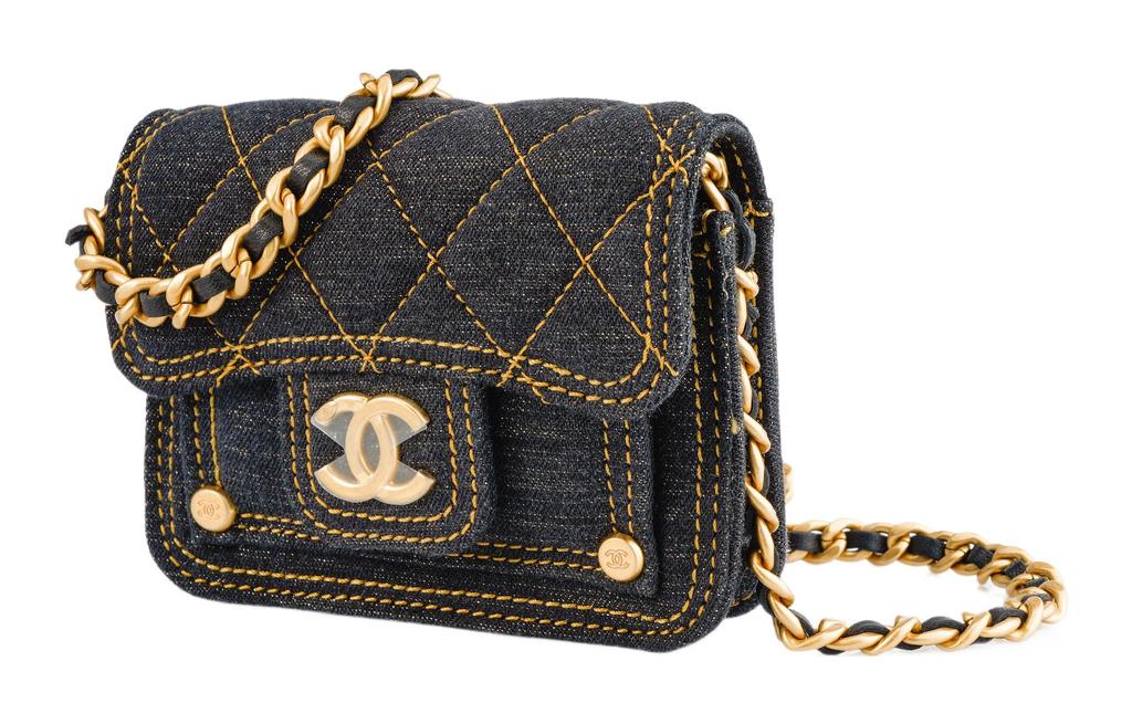 Chanel 23s Double You Diamond-Pattern Leather Chain Denim Single-Shoulder Messenger Bag Mini Women'S Black