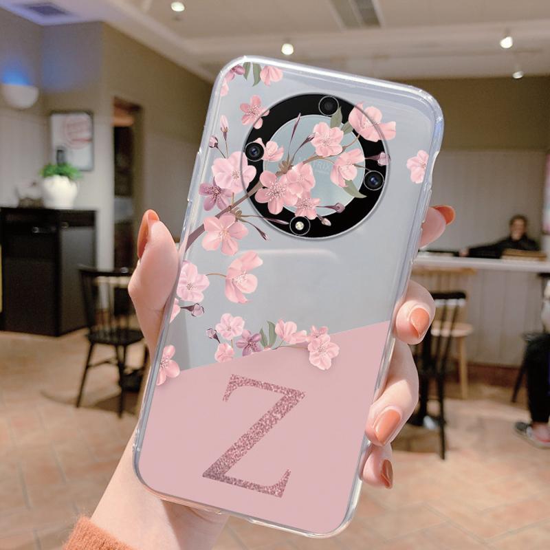 

Letter A-Z Flower Phone Case For Honor X9a X9b X9c Magic5 6 7 50 Lite Huawei Nova 8i Cover Transparent Silicone Coque Clear Honor X9b
