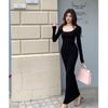 High-quality Korean Version of Autumn and Winter New Pit Strip Square Neck Long-sleeved Dress Women's Slim Hip Skirt Bottoming Long Dress