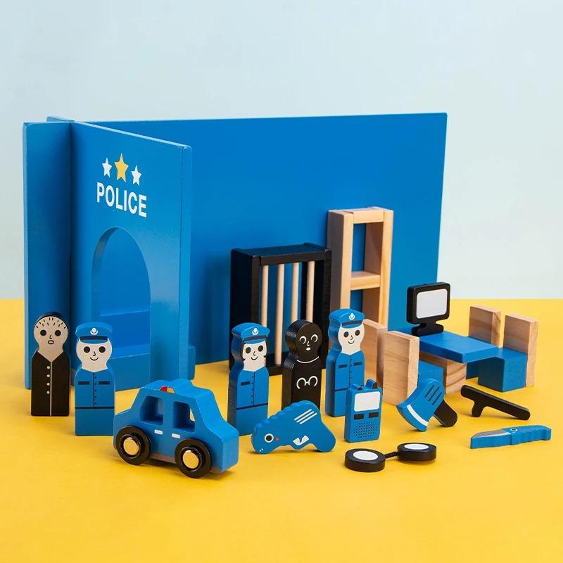 Montessori Wooden Toys Children Fire Station Police Station Simulation Toy Pretend Play Tools Construction Toy Motor Skills Kids