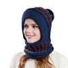 Women Hat with Long Scarf Full Face Guard Warm Knit Thermal Fleece Winter Ski Hat Patchwork Color Plush Ball Decor Cold Weather Headgear