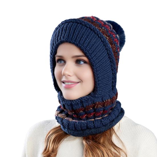 Women Hat with Long Scarf Full Face Guard Warm Knit Thermal Fleece Winter Ski Hat Patchwork Color Plush Ball Decor Cold Weather Headgear