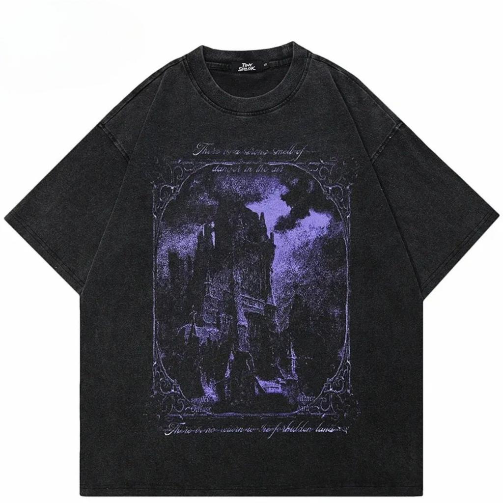 EWH Hip Hop Bavlna Tričko Vypraná Černá Streetwear Vintage Fialová Grafika Hororový Hrad Unisex Vrcholy Trička Unisex Y2K