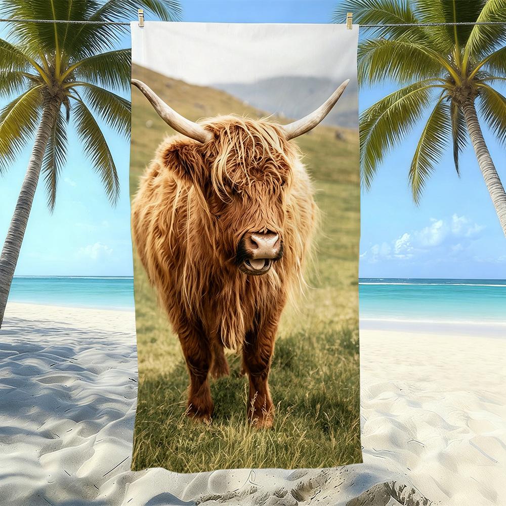 Europäisches und Amerikanisches Retro Hochlandrind Druck Strandtuch Mikrofaser Verdickt Wasseraufnahme Schnelltrocknend Outdoor Badetuch