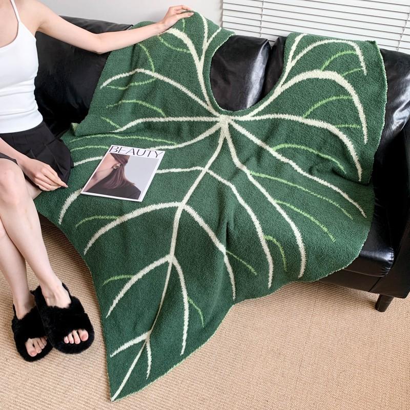 Half Velvet Leaf Pattern Knit Throw Blanket Sofa TV Blanket Bed Cover Summer Camping Throw Blankets Office Nap Cover