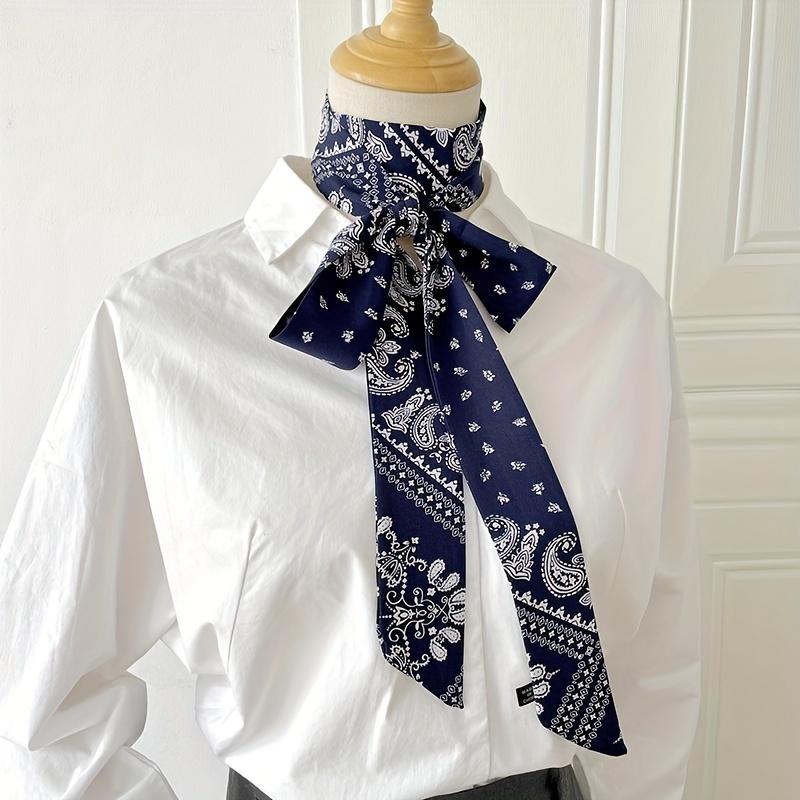 2Pcs, two navy blue and white, 188 * 5cm, thin and narrow long silk scarves, versatile cashew nut flowers in summer, tied hair