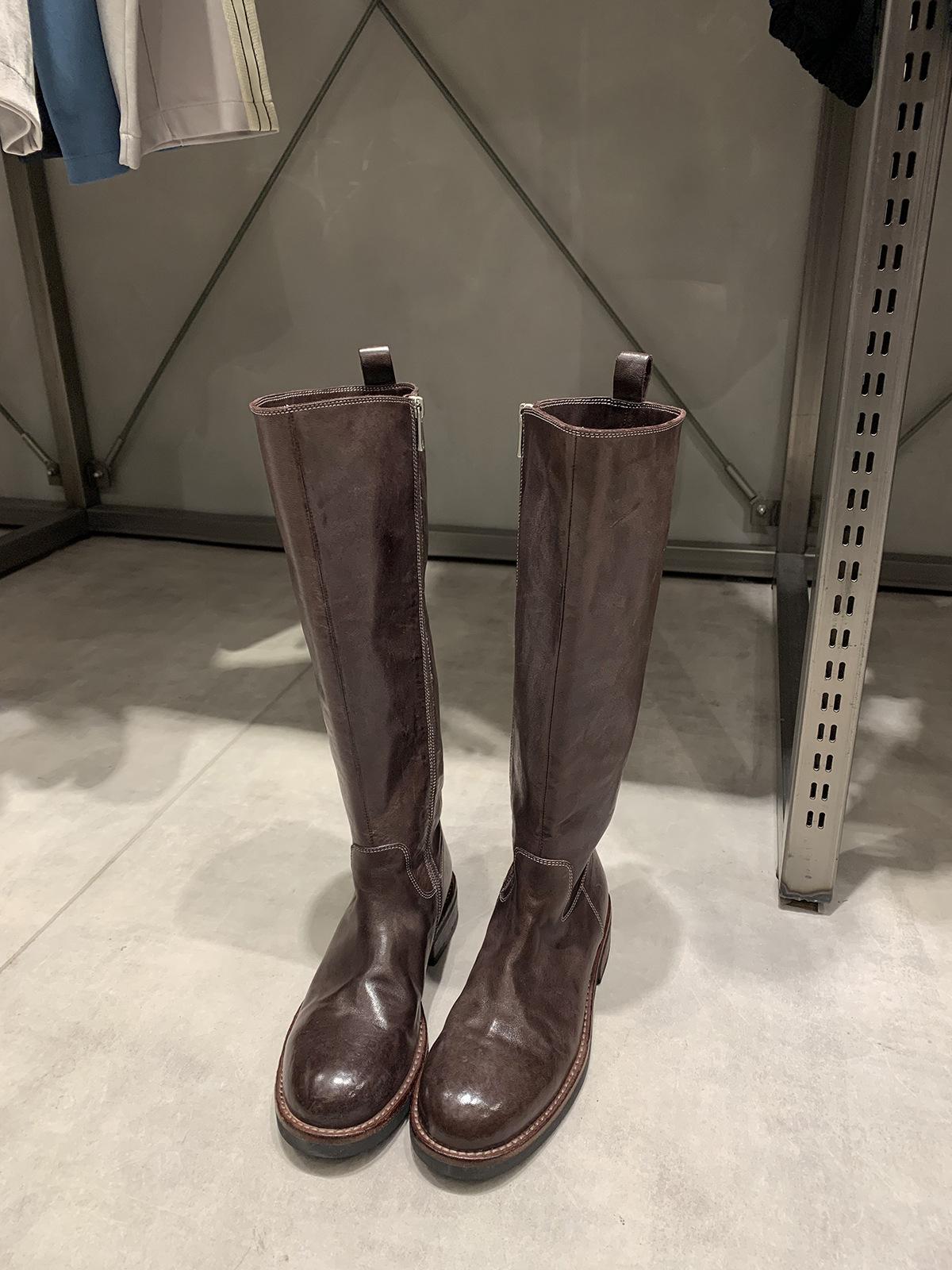 

Жіночі шкіряні чоботи з коров’ячої шкіри винограду Mom Washed Shrinking Horse Leather Boots Жіночі чоботи з круглою головою, товстий каблук, товстий низ, високі лицарські черевики, що збільшують висоту 37