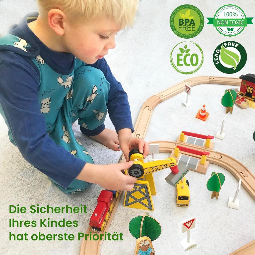 Tiny Land 55 Pieces Wooden Train Set: Wooden Railway with Crane, Combinable Toy & Accessories. Fits All Large Brands, for Children 2-5 Years