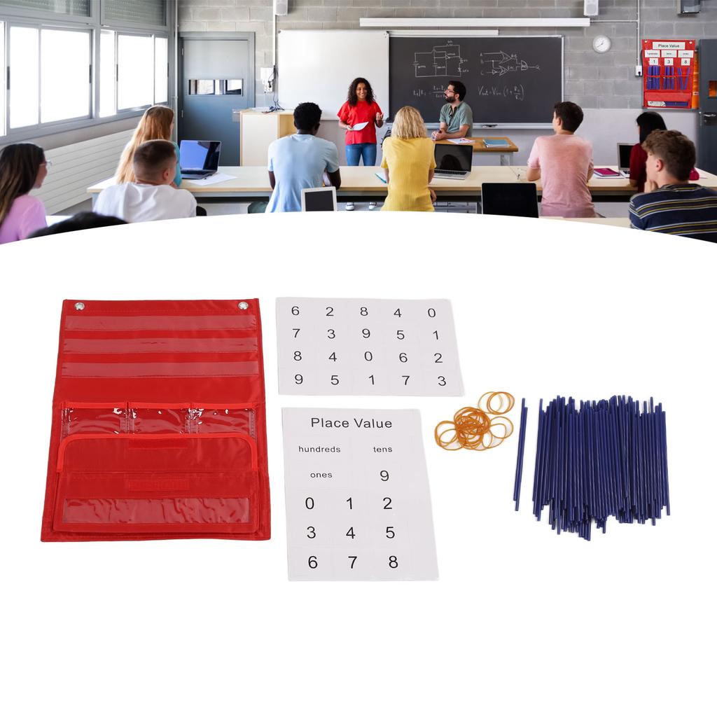 Counting Place Value Pocket Chart with 200pcs Straw 20 Rubber Bands for Classroom Kindergarten