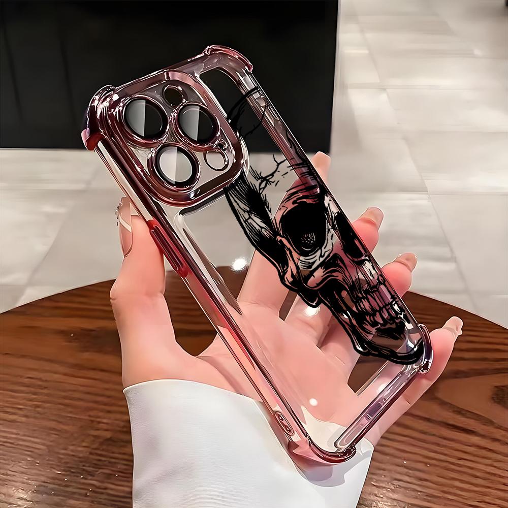 Cool Black Skull Pattern Transparent Phone Case For iPhone 17 16 Pro Max 15 14 Plus 13 12 11 17 Air 16E Shockproof Soft Cover