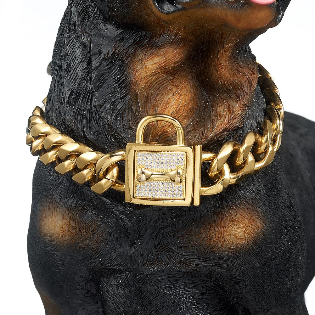 Factory  Cuban Chain Dog Collar Custom Sizes 19mm Lock Gold Stainless Steel Chain