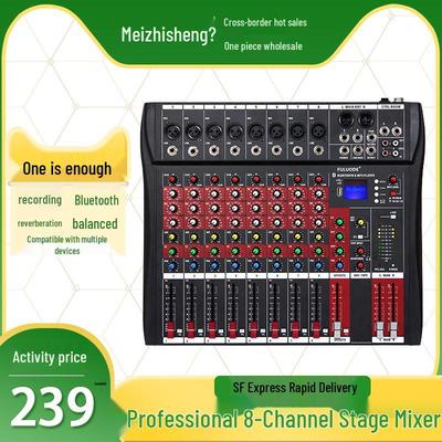 8-Channel Professional Mixer with USB, Bluetooth, and Reverb for Stage, Bar, Wedding, KTV, and Home Use