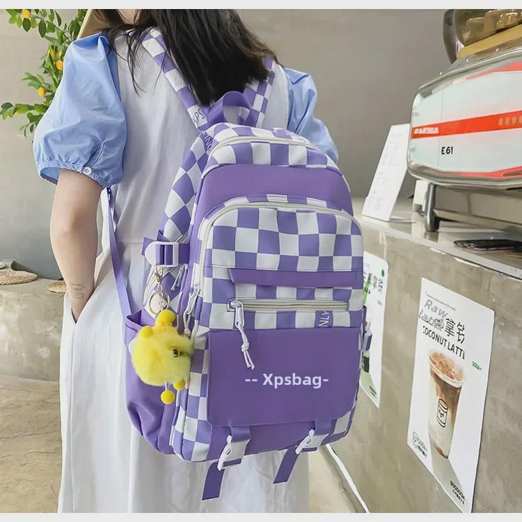 Korejský styl kostkovaný batohový set pro studenty a cestování