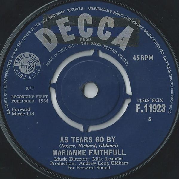 

7inch Record MARIANNE FAITHFULL - As Tears Go By F11923 Decca 1964 UK Pop Used