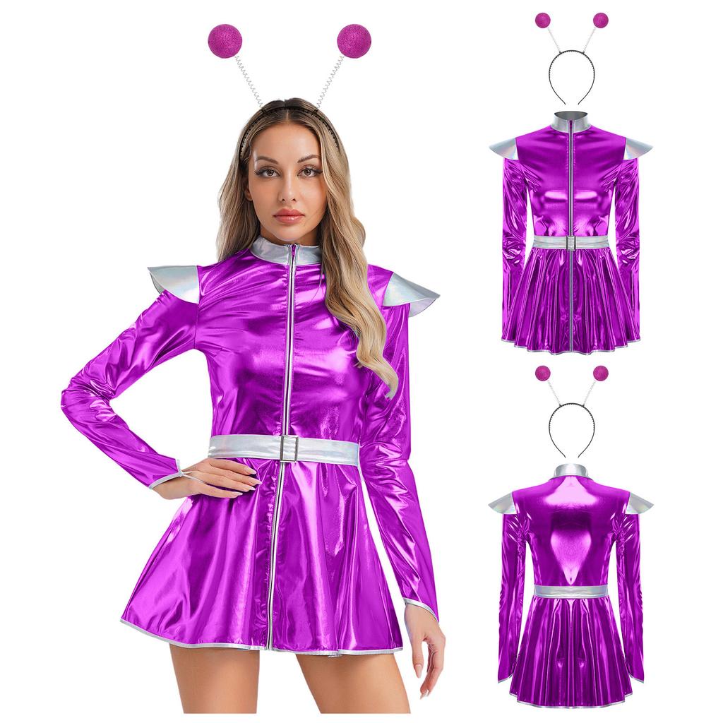 S-XXL Damen Rollenspiel Außerirdischenkleid: Halloween Astronauten Kostüm, Metallisch A-Linie mit Haarreif & Einfachem Frontreißverschluss