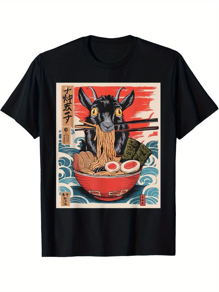 Ukiyo E Goat Eating Ramen Graphic Tee Japanese Style Men Casual Short Sleeve Cotton T-Shirt