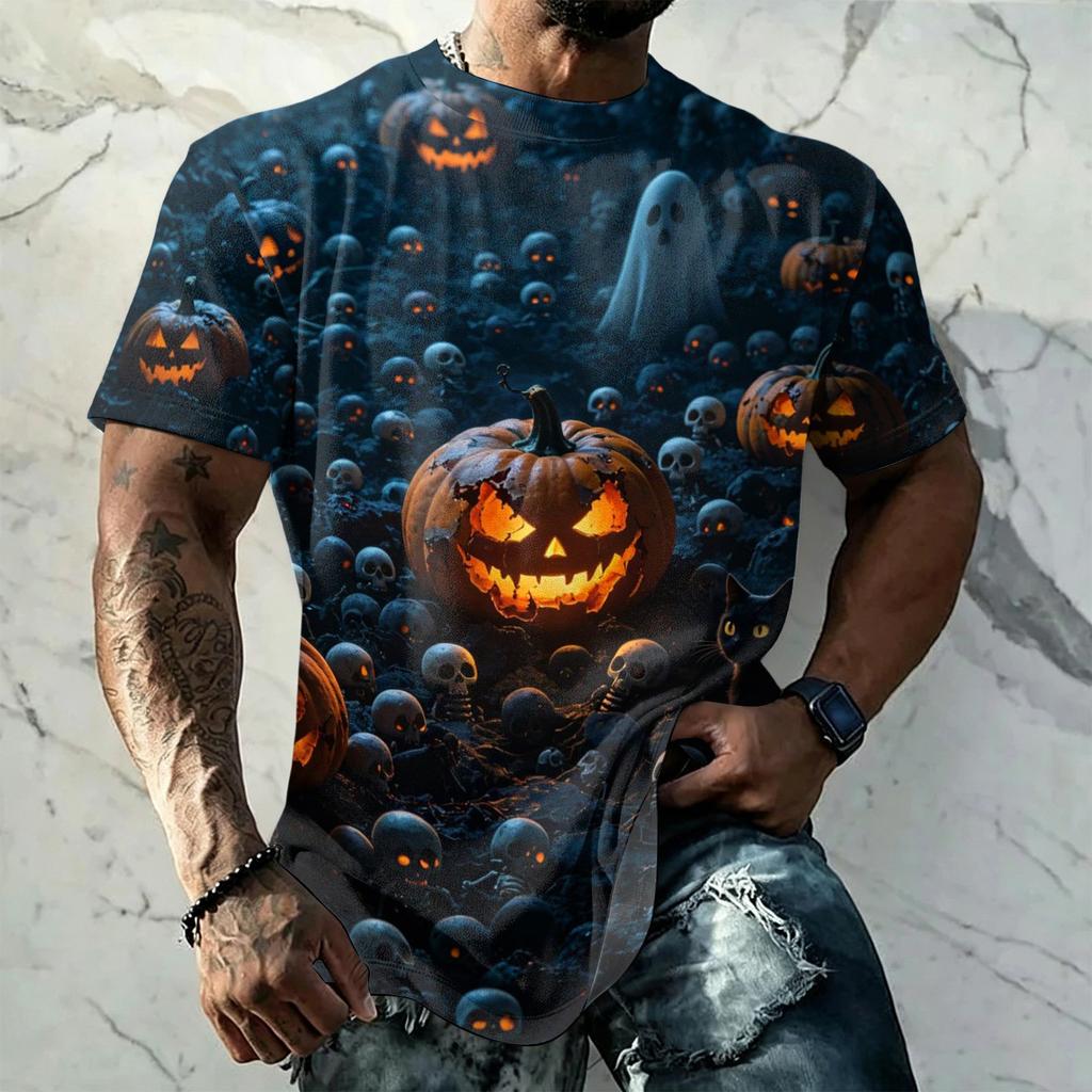 Men Halloween Print Vintage Texture Short Sleeve T Shirt Loose Breathable Summer Sport Street Casual Daily Wear Top