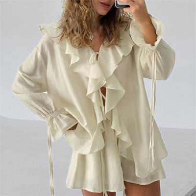 European And American Style Ruffle Hem Casual Set Spring Summer Women's Tie Cardigan Top And Shorts Design
