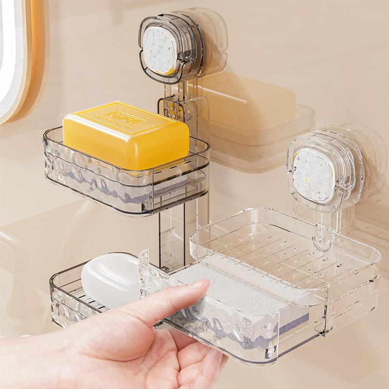 1pc Toilet Suction Cup Soap Box Wall-mounted Double-layer Drainage Without Punching Soap Box Storage Rack Bathroom Soap Shelf