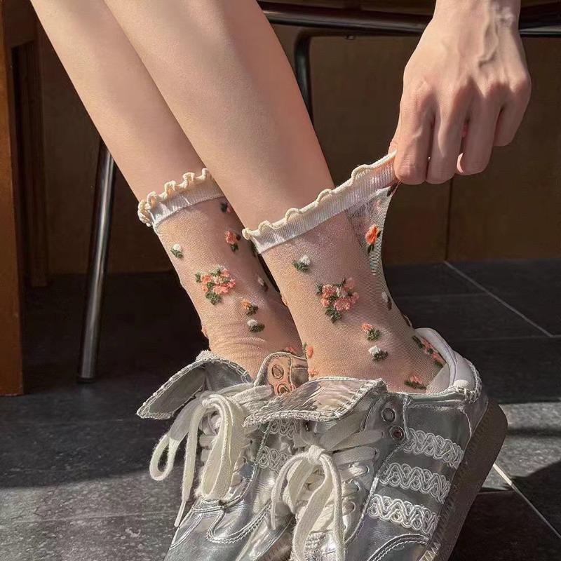 Women Summer Floral Embroidery Thin Transparent Long Socks Mesh Socks Flowers Socks