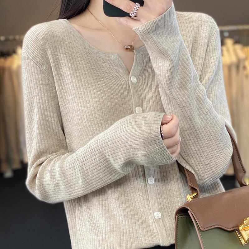 Women's Worsted Wool Cardigan: V-Neck, Lightweight, Loose Fit, Long-Sleeved, Sun-Proof, Spring/Summer Knit Sweater Jacket.
