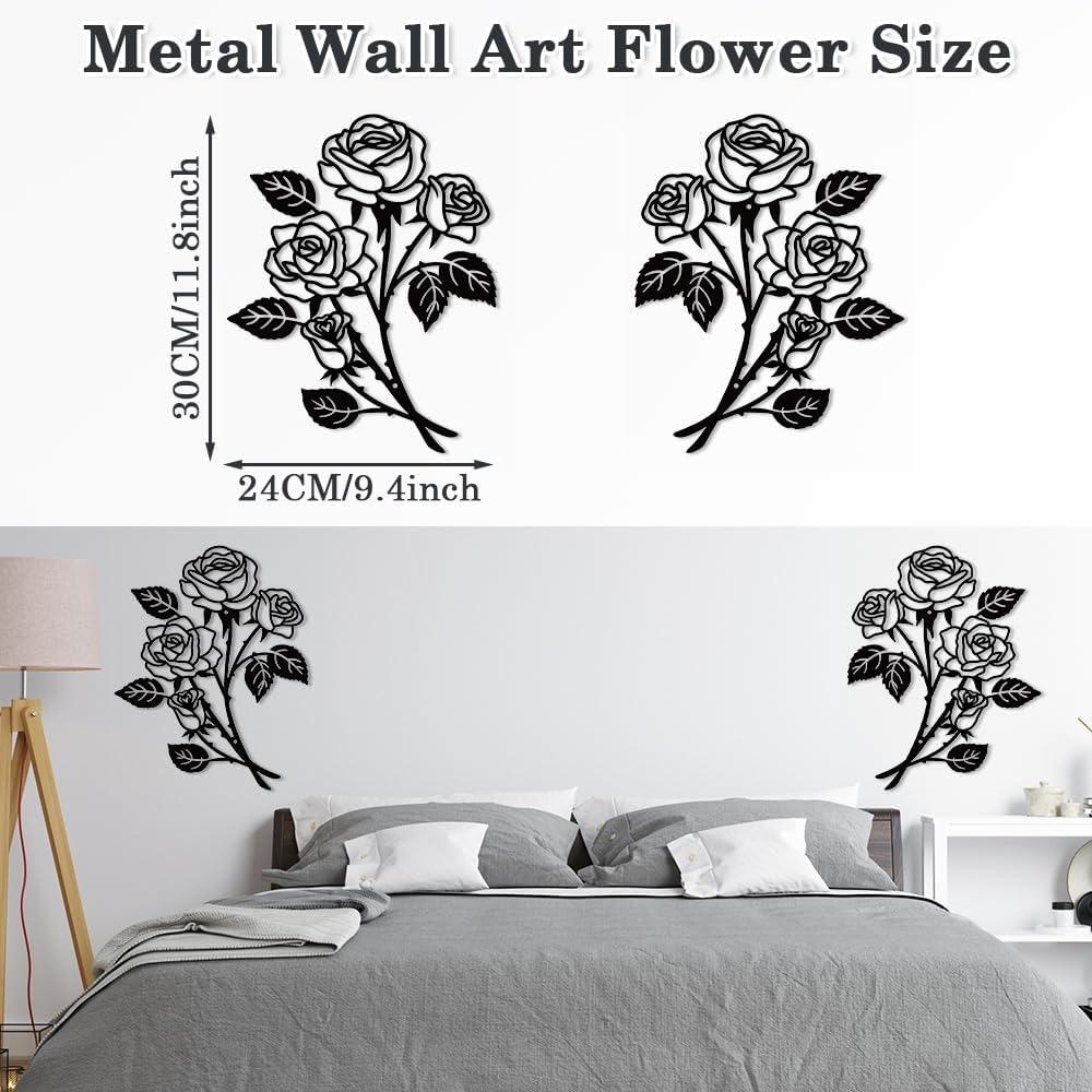 SITAKEGS 2pcs Metal Rose Wall Decor 11.8x9.4in Black Flower Sculpture Floral Art Hanging Ornament for Living Room Bathroom Bedroom Kitchen Garden