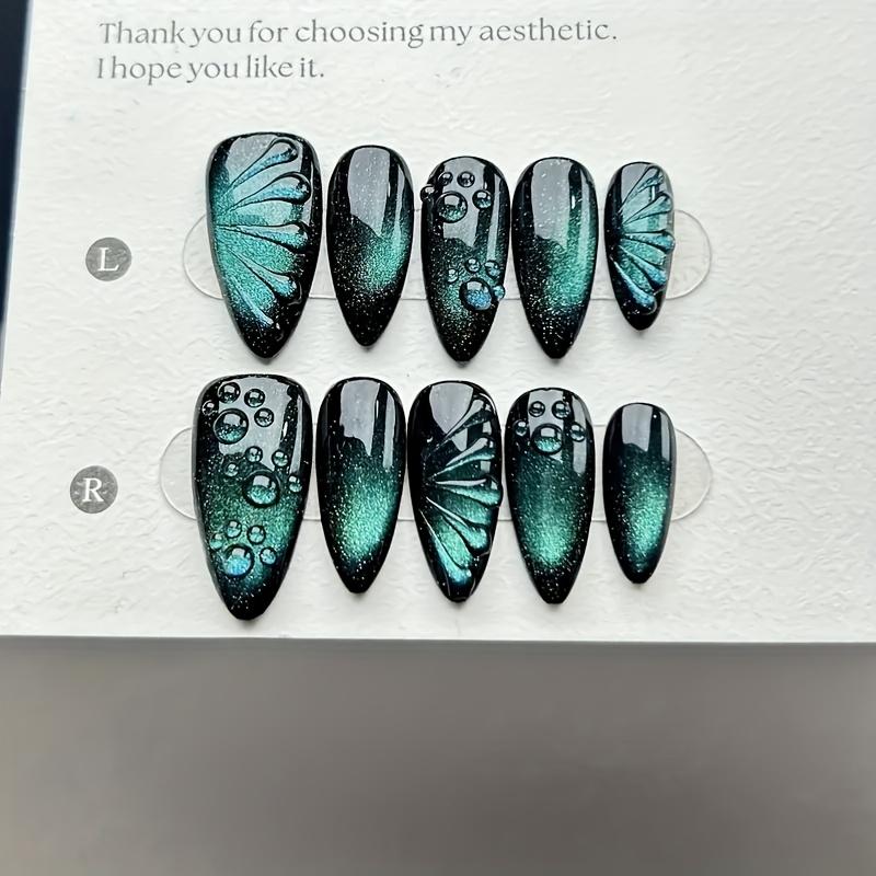 10Pcs Dark Green Cat Eye Butterfly Handmade Fake Nails Dark Almond Shape Nail Art Decorative Patches