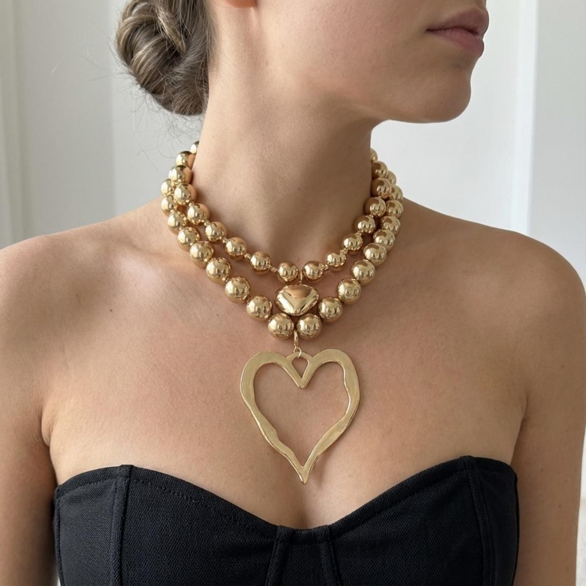 

Punk Exaggerated CCB Round Beaded Hollow Heart Pendant Necklace For Women Men Multi-Layer Love Heart Choker Party Jewelry Gifts