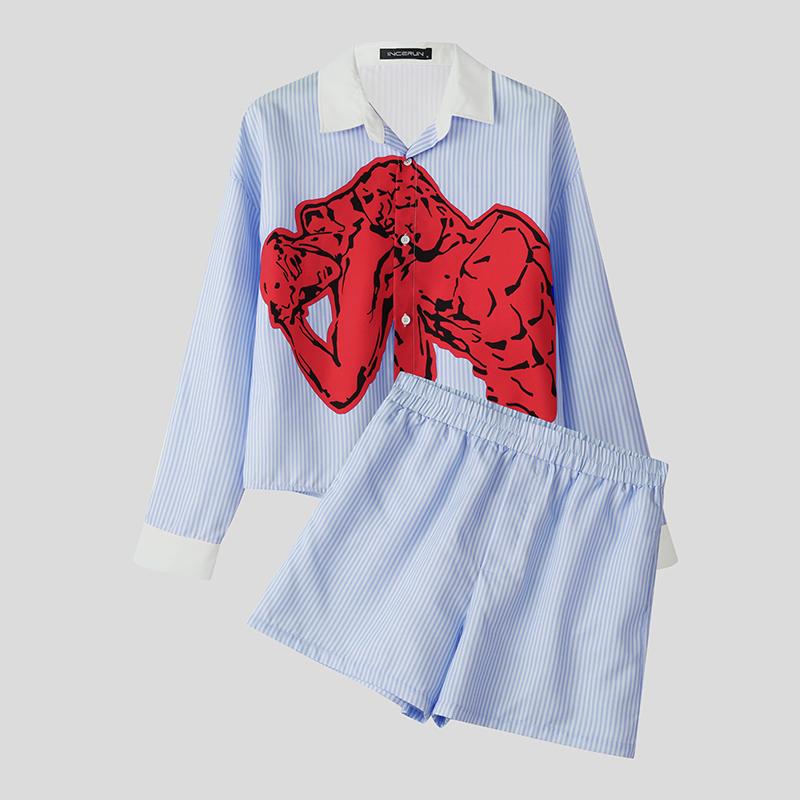 INCERUN 2PCS Men Two Pieces Striped Print Long Sleeve Buttons Shirts Short Pants Casual Sets