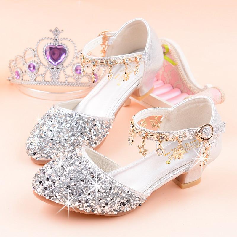 

Princess Kids Shoes Girls Sandals 2024 New Casual Glitter Rhinestone Children High Heel Crystal Student Performance Footwear 38 срібний