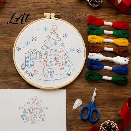 Embroidery Starter Pack Christmas Kit DIY Xmas Tree Craft Holiday Ornament Gift Box Pattern Crafts for Family Festive Needlework Sewing Kit