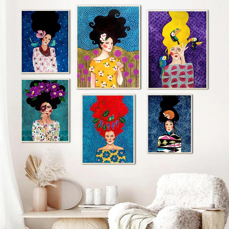 Abstrato Flor Mulher Menina Cabelo Moda Pôster Pintura em Tela Nordic Arte de Parede Imagem Para Sala de Estar Moderna Decoração de Casa