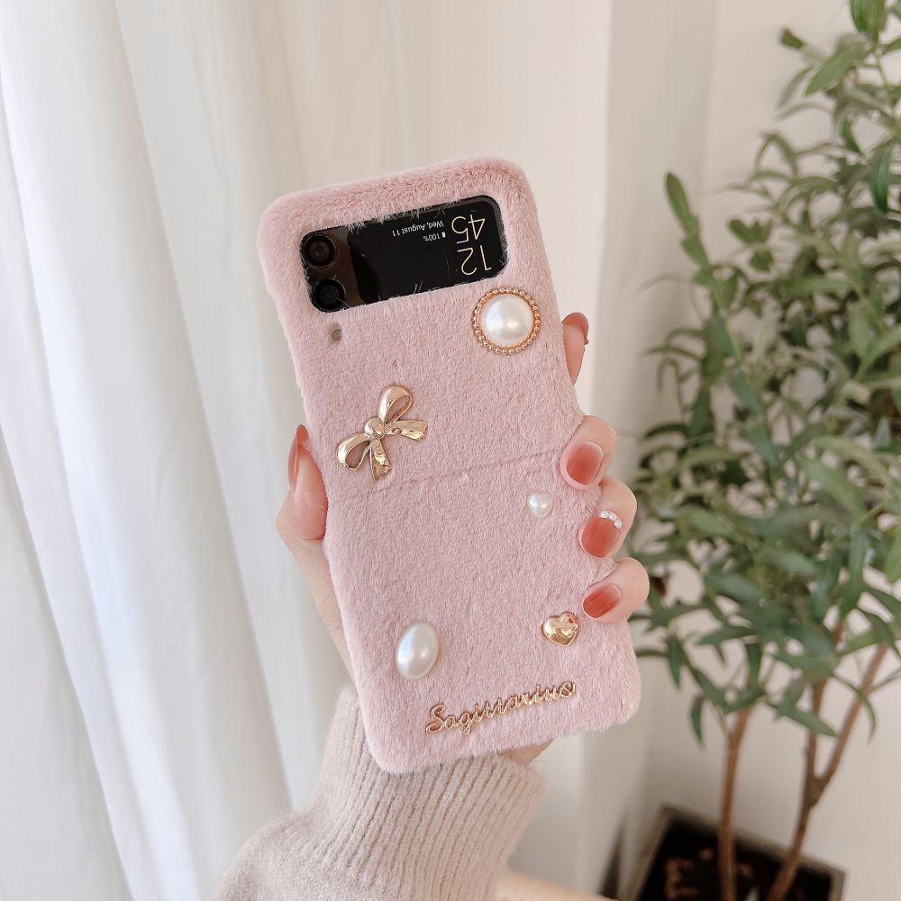 Für Samsung Z Flip 4 Fall 3d Perle Bogen Klapp Telefon Fall Für Samsung Z Flip 3 5g Zflip4 winter Plüsch Stoßfest Harte Rückseitige Abdeckung