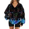 Women's Fashionable V-neck Christmas Printed Long Sleeved Casual Pullover Plush Warm Pocket Sweatshirt Top
