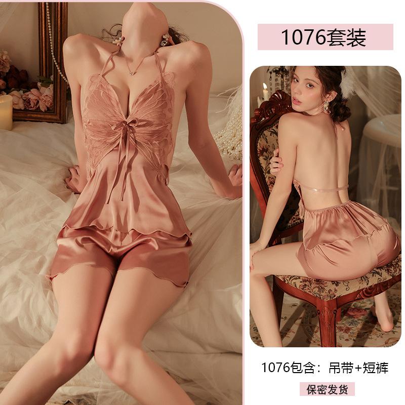 

Сексуальная атласная пижама с бабочкой на подтяжках и нагрудной накладкой большого размера, сексуальное развлечение, женский комплект чистого желания L