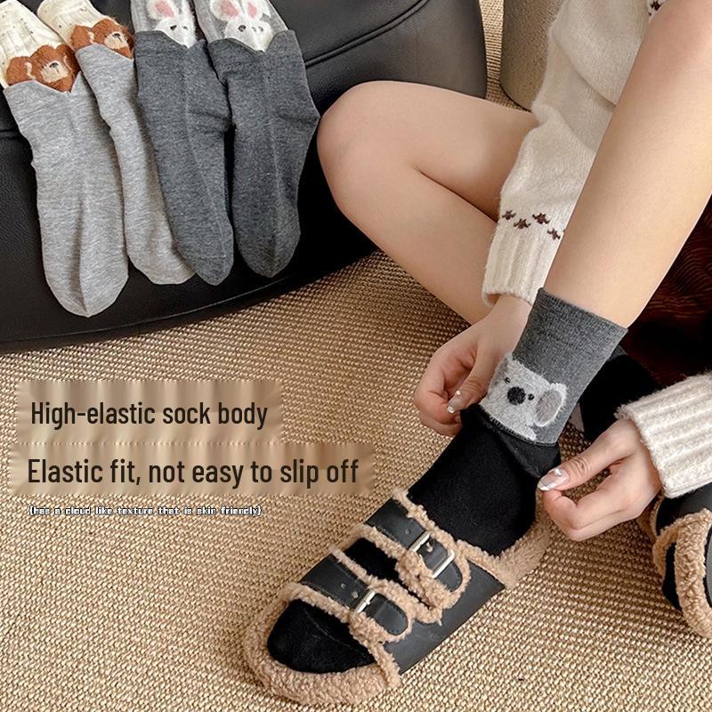 Women's Gray Mid-Calf Cartoon Socks - Cute College Style for Spring & Autumn