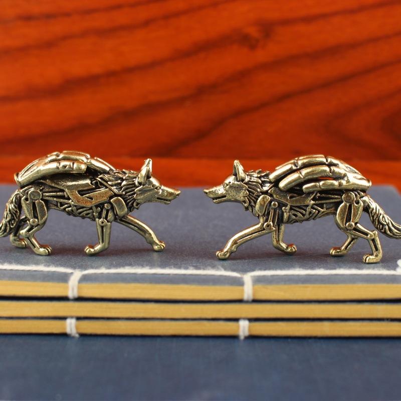 Saf Pirinç Kurt Heykeli Masaüstü Süsü Çay Seti, Vintage Bronz Hayvan Figürü Minyatür Dekorasyon