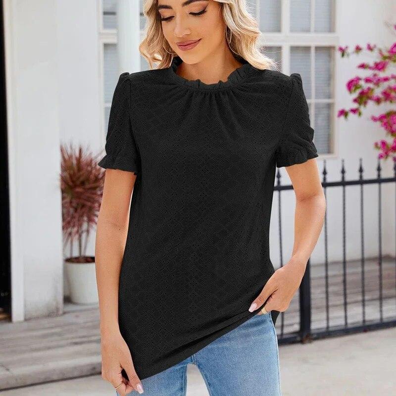 Ležérní stojací límeček Volně skládaná trička 2024 Jaro Léto Ženy Krajková halenka s krátkým rukávem Vyhloubená Elegantní topy 30561