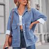 Women's Fashionable Versatile Classic Retro Solid Color Lapel Long Sleeved Pocket Loose Denim Jacket