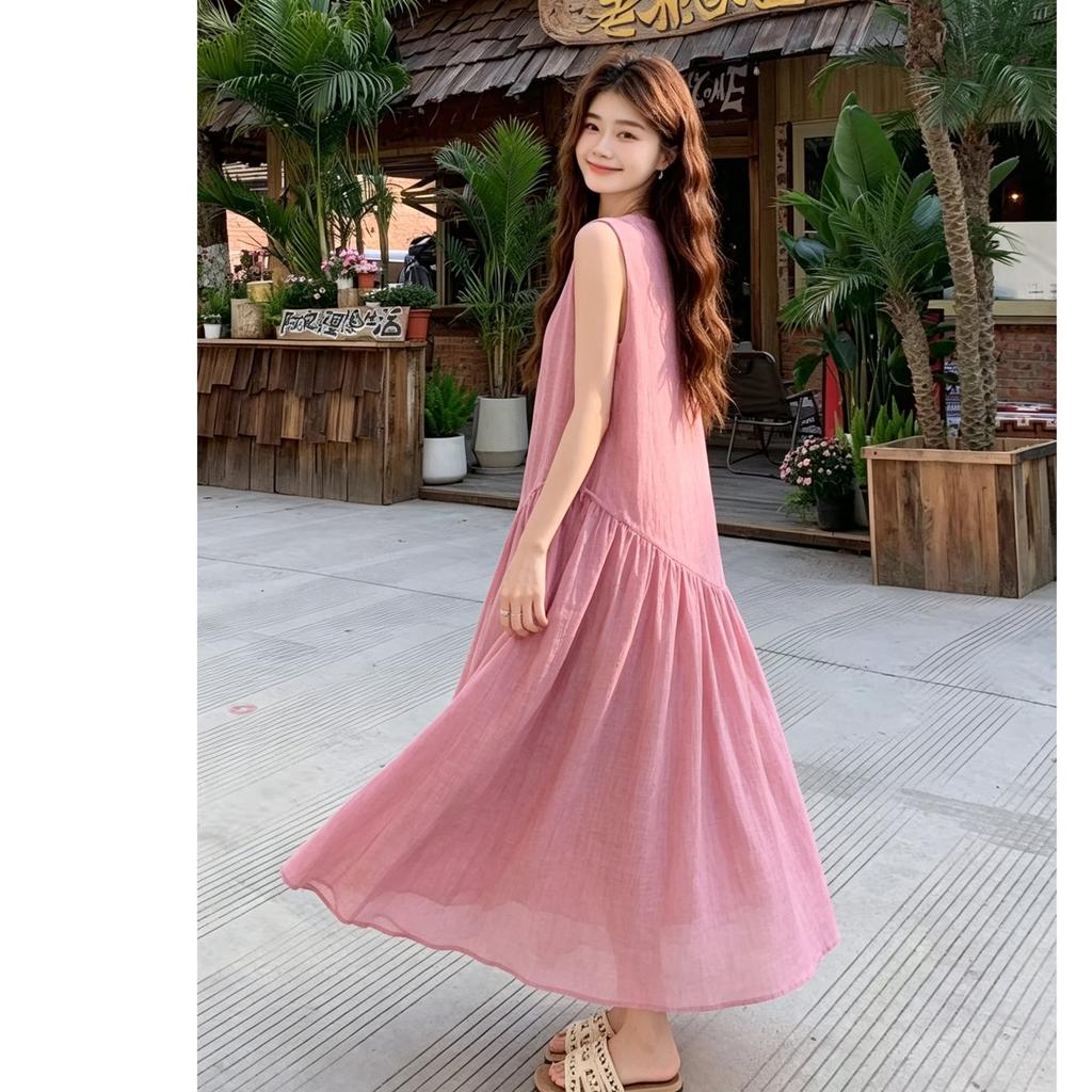 Lazy Wind Pink Cotton and Linen Sleeveless Dress Women's Summer Loose and Thin Temperament Vacation Travel Photo Long Dress Tide