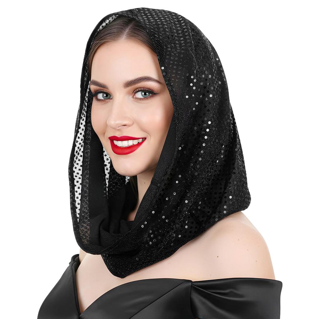 Women Glitter Sequin Hijab Scarf, Soft Mesh Sparkly Head Wrap, Solid Color Lightweight Muslim Headscarf, Fashion Shiny Turban Shawl
