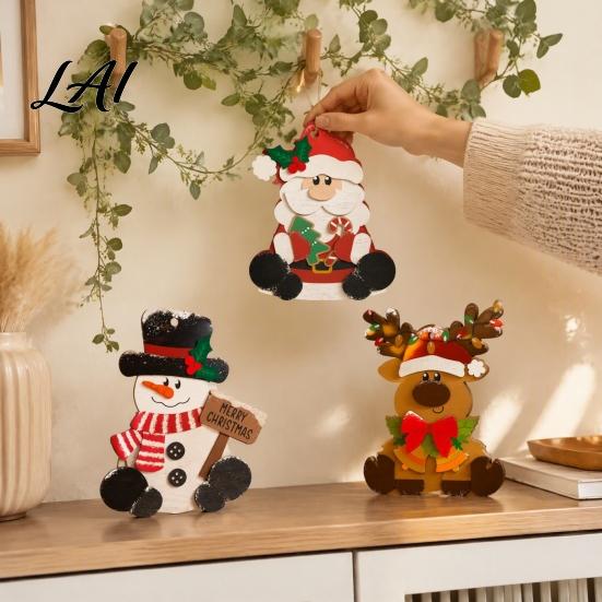 Seasonal Desktop Party Supplies 3Pcs Christmas Wooden Tabletop Decor Set Santa Snowman Reindeer Figurine Hanging Gift for Family Tree Ornament with
