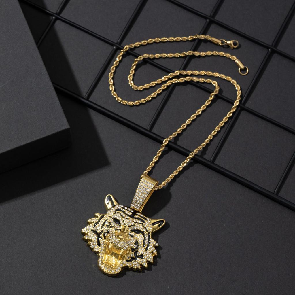 Zinc Alloy Tiger Pendant Necklace Men European American Domineering Punk Hip Hop Cool Full Zircon Personalized Cuban Chain Neck Jewelry Gift