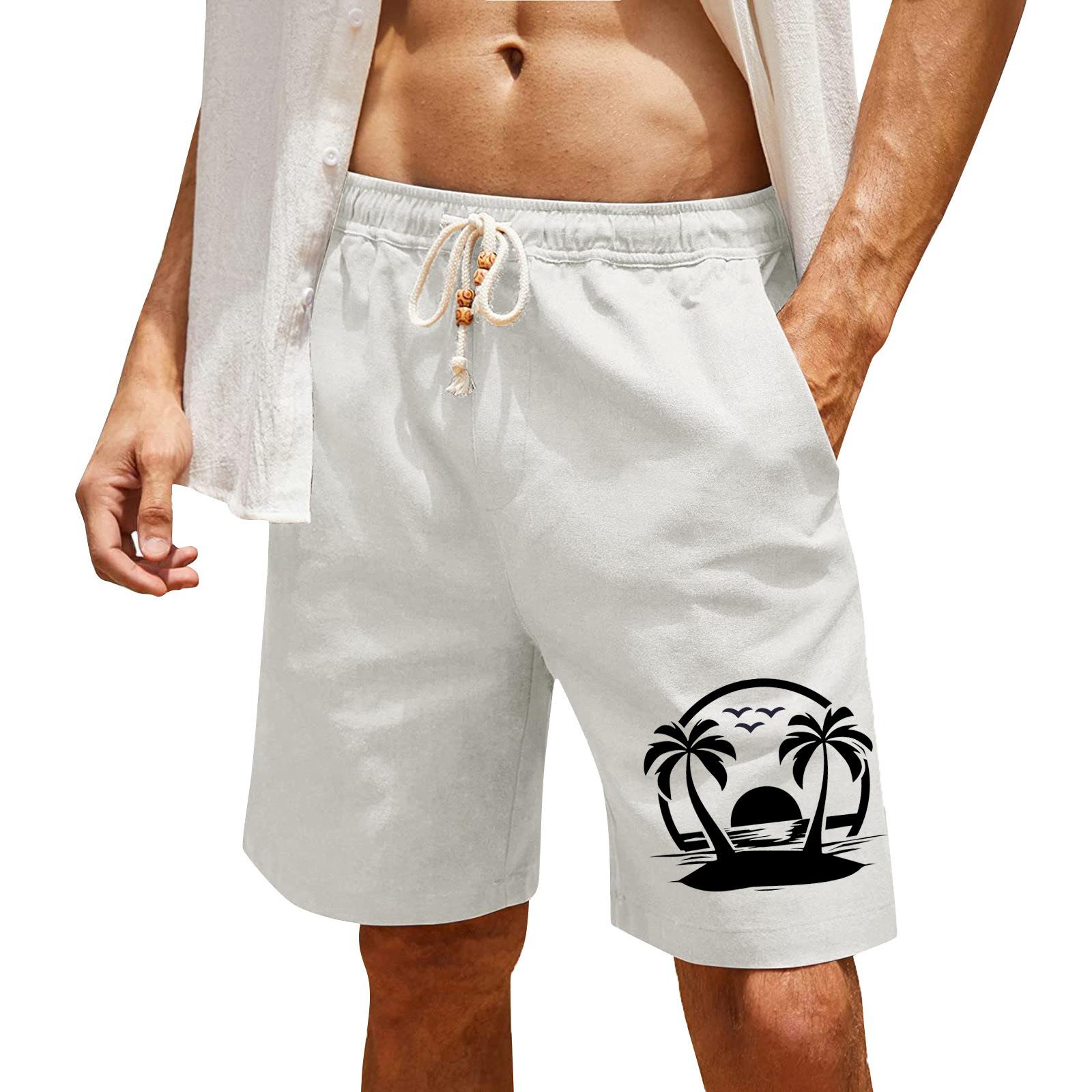 

Men s Print Cotton Linen Casual Shorts Men s Fashionable Beach Shorts M білий